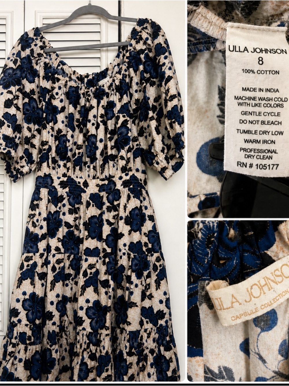 Ulla Johnson Capsule Collection Blue Floral Puff Sleeve Cotton Midi Dress Size 8
